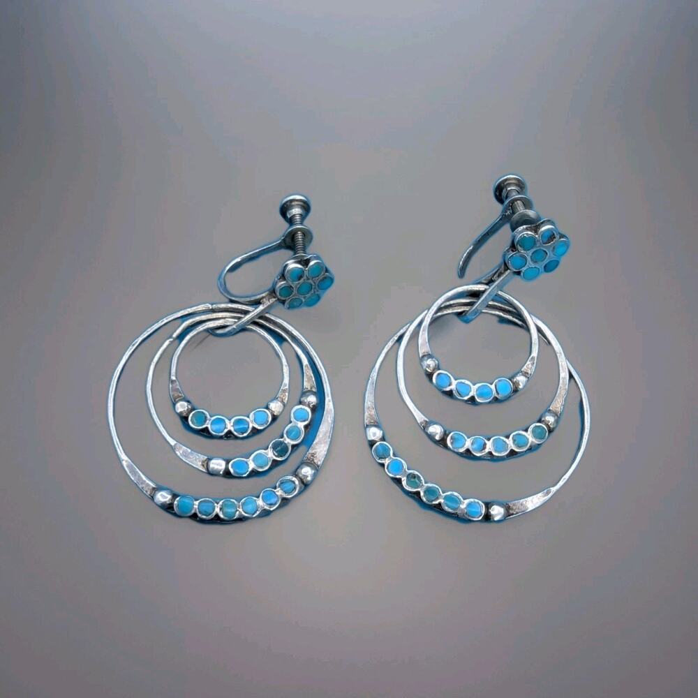 Rare Silver Zuni Dishta Turquoise Inlay Dangle Screw Back Earrings, c.1940
